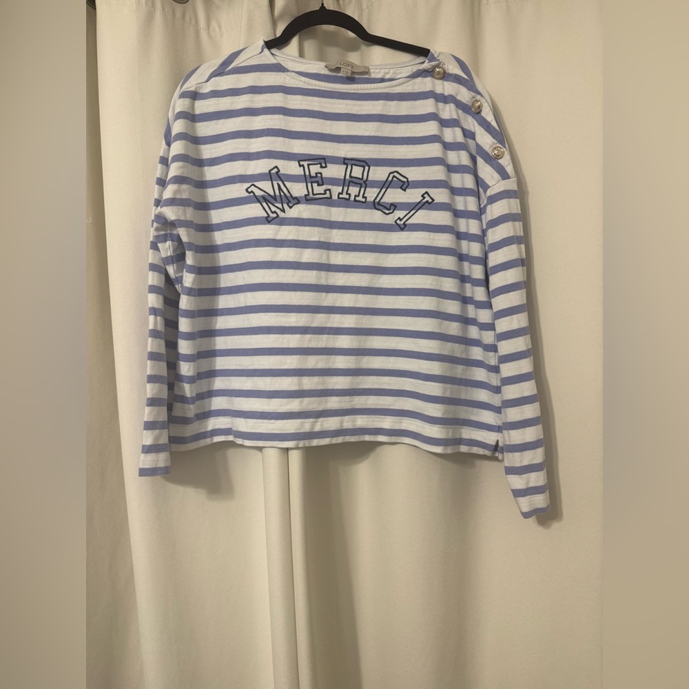 LOFT 100% Cotton Long Sleeve Stripes “Merci” Tee in Blue and White XL - Picture 2 of 6